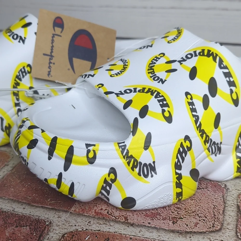 Champion Men's Meloso Squish Smile‎ White and Yellow Slide Slip On Sandals